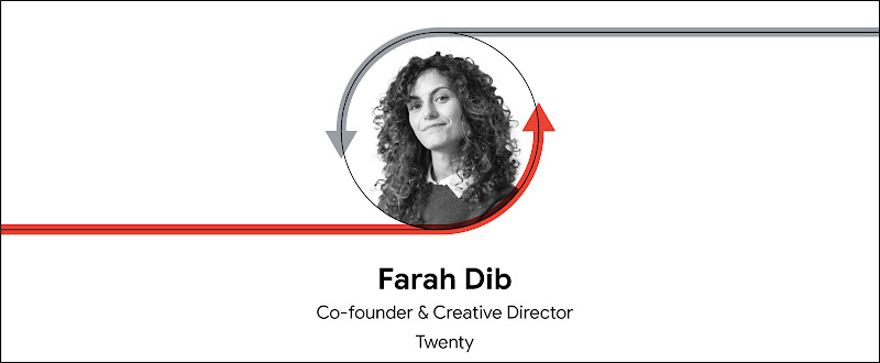 Headshot of Farah Dib, Co-founder & Creative Director, Twenty with red and grey arrows around it.