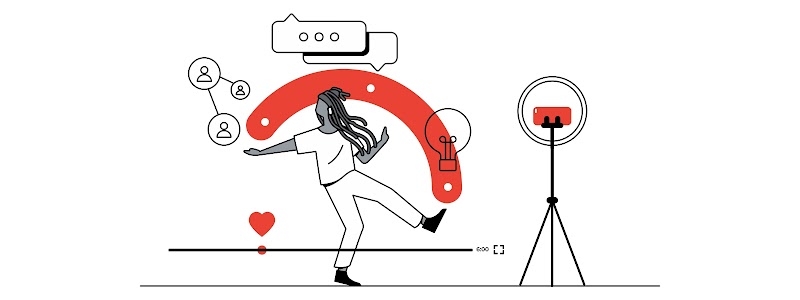 A cena ilustra os bastidores da criação de um vídeo. No centro, uma mulher negra de cabelos trançados se movimenta em frente à câmera do celular, que está em um tripé. Na imagem, há ícones representando conexão, interações e criatividade.