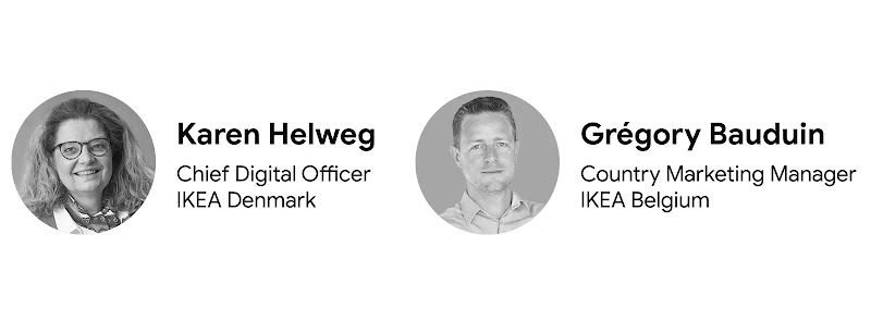 Two circular headshots in black and white, with accompanying names, job titles and company. On the left: Karen Helweg, Chief Digital Officer at IKEA Denmark. On the right: Grégory Bauduin, Country Marketing Manager at IKEA Belgium.