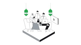 A family by the couch in a room decorated with Fanous Ramadan, traditional lanterns that represent the holy month. A man on the couch uses a laptop, and the TV screen displays YouTube, Indonesia’s top video platform for making purchase decisions.