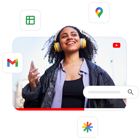 Un annuncio video di auricolari circondato da varie icone di prodotti Google per rappresentare la copertura di Performance Max.