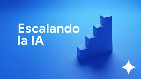 Imagen con fondo azul que muestra una escalera geométrica de bloques en 3D. A la izquierda aparece el texto "Escalando la IA" en letras blancas. En la esquina inferior derecha resalta un ícono de una estrella de cuatro puntas blanca.