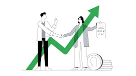 Una donna e un uomo si danno una stretta di mano. La donna ha in mano un grafico. Ai suoi piedi una grande moneta. In sovrapposizione una grande freccia verde verso l’alto a indicare la crescita.