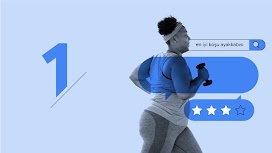 Kısa kıvırcık saçlı, sportif giyimli ve saç bandı takan bir kişi elinde ağırlıklarla koşuyor. Üst taraftaki arama çubuğunda "best running shoe (en iyi koşu ayakkabısı)" arama terimi görünüyor ve bir metin balonu içinde 4 yıldızdan 3'ü işaretlenmiş durumda