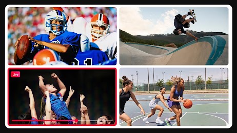 Un collage di immagini di sport. Un quarterback lancia un pallone da football, uno skater fa un trick su una halfpipe, delle donne giocano a basket e un calciatore viene sollevato dalla sua squadra per festeggiare.
