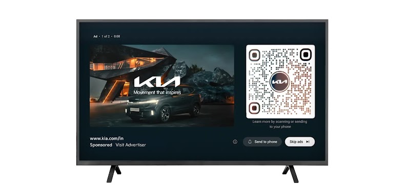 Connected TV displaying an ad for Kia India, featuring a QR code that led viewers from its YouTube ad on CTV to the website where they could book a test drive, promoting interactive viewer engagement in its CTV campaign for the Seltos SUV.