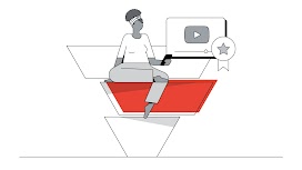 A life-size upside down triangle divided into three horizontal pieces, the middle piece is red. A dark-skinned woman sits on the middle piece, using her mobile phone. To the right, a YouTube video and medal icon.