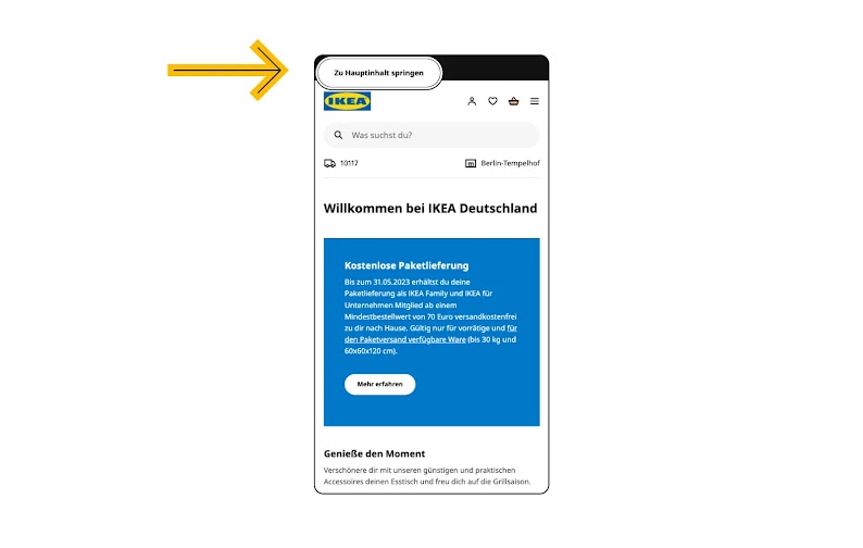Das Bild zeigt einen Screenshot der Ikea Website. Darauf ist zu sehen, wie Ikea die Tastaturbedienbarkeit umsetzt.