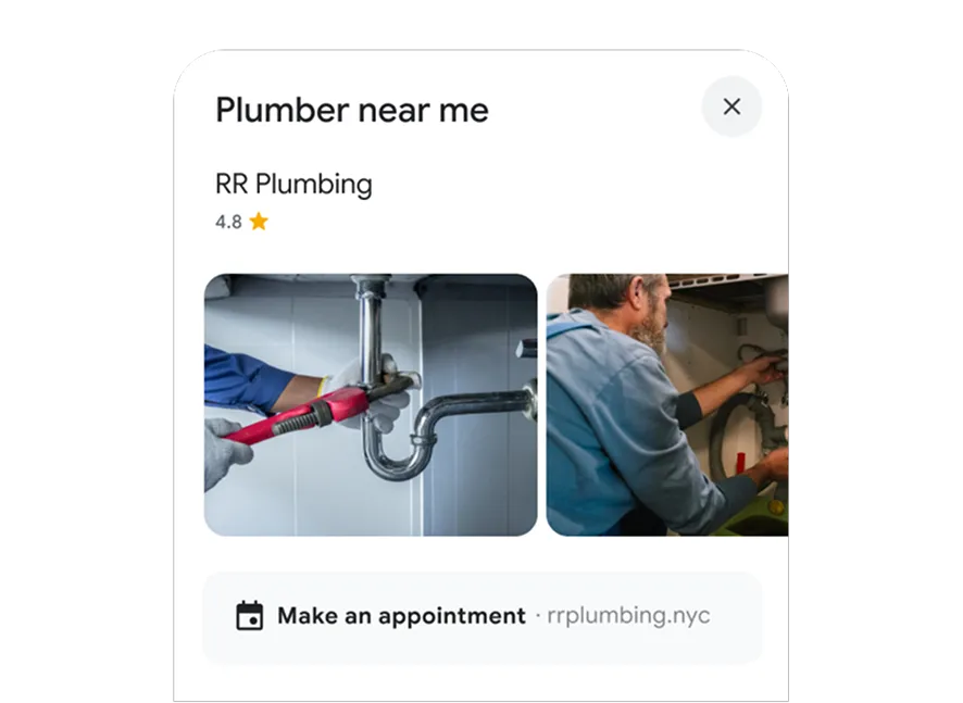 A search for “plumber near me” with a result of a plumber’s business profile showing a 4.8 star rating and a link to book.