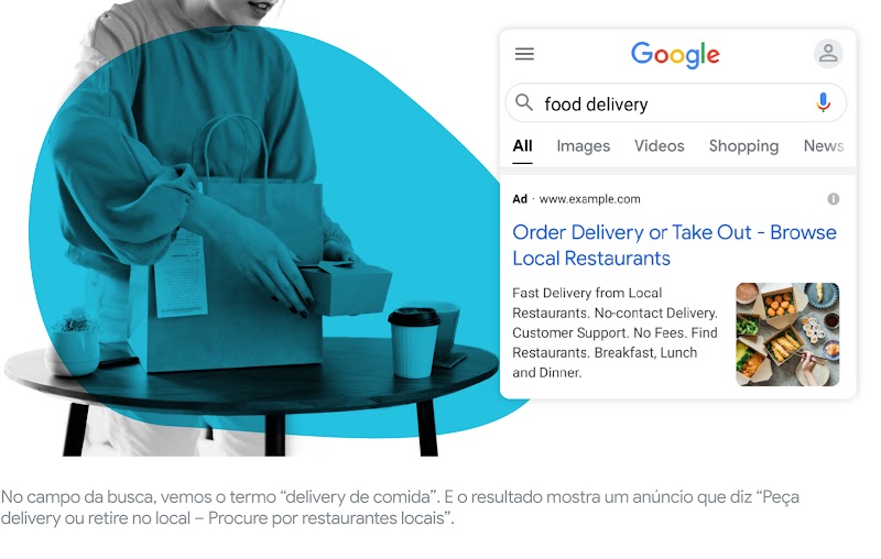 Uma mulher, cujo rosto não aparece, coloca comidas e bebidas embaladas dentro de uma sacola parda. Na esquerda, o termo “delivery de comida” está escrito no campo de busca do Google.