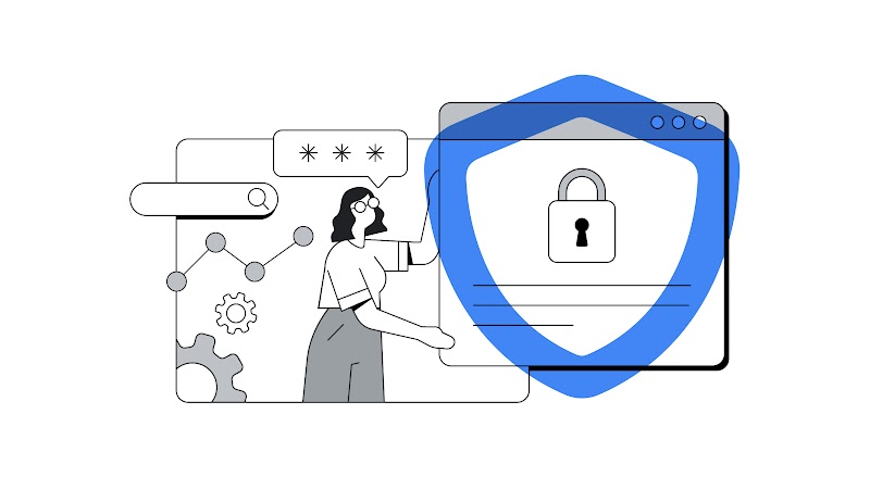 Uma mulher segura um painel, cujo objeto central é um cadeado, representando a privacidade. À sua esquerda aparecem engrenagens e, acima de sua cabeça, uma caixa de diálogo é mostrada contendo três asteriscos.