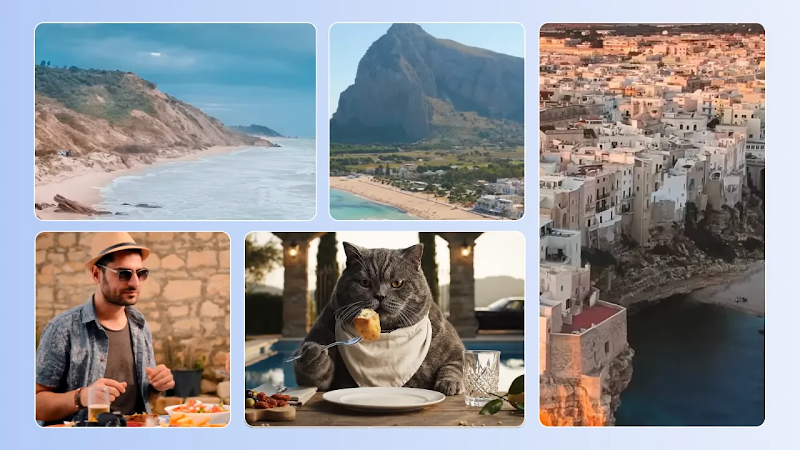 A collage of five photos featuring scenic coastal landscapes and dining. It includes a sandy beach under a cloudy sky, a rocky mountain overlooking a town, a dense hillside village, a man in a sun hat dining outdoors, and a gray cat wearing a bib while eating at a table by a pool.