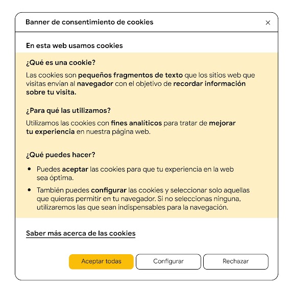 Versión desktop del banner de consentimiento de cookies de Flat 101 tras los test realizados, con la opción Aceptar todas al principio y en color amarillo.