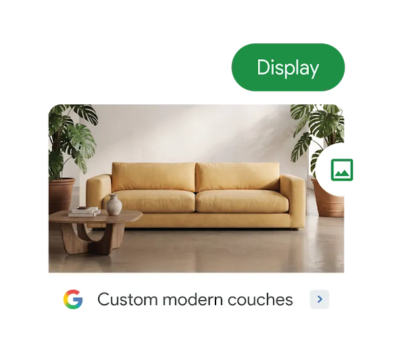A rotating animation flips through ad types. Example of Display ad type displayed here.