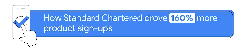 A phone with a hand clicking a checkmark, represents how Standard Chartered drove a 160% increase in product sign-ups through its Performance Maz campaign.