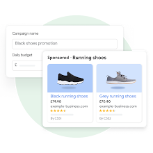Two user interface modules: One demonstrating a user creating a name and budget for a new campaign in Performance Max and the other displaying the customer experience of seeing sponsored product listings on Google Search as a result of that campaign.