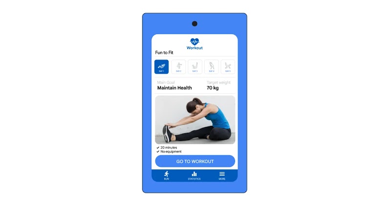 Smartphone displaying a fitness app interface titled Fun to Fit. It shows a 5-day workout plan, user goals like Maintain Health and a target weight of 70 kg, a photo of a woman stretching, a Go to Workout button, and a navigation bar at the bottom.