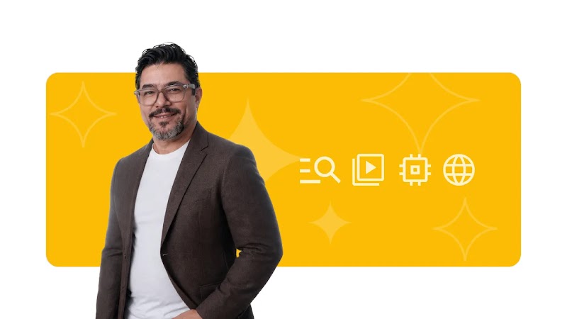 Retrato de Leo Candido sobre fundo amarelo. Ao lado dele, ícones de busca, IA, internet e YouTube.