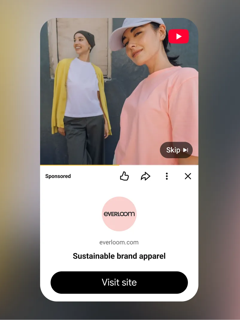 A skippable YouTube ad plays with a button to go to the business’s site.