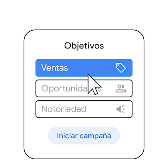Una tarjeta con el título Seleccionar objetivos seguida de tres casillas: Ventas, Oportunidades y Notoriedad. En la parte inferior, aparece el botón Iniciar campaña.