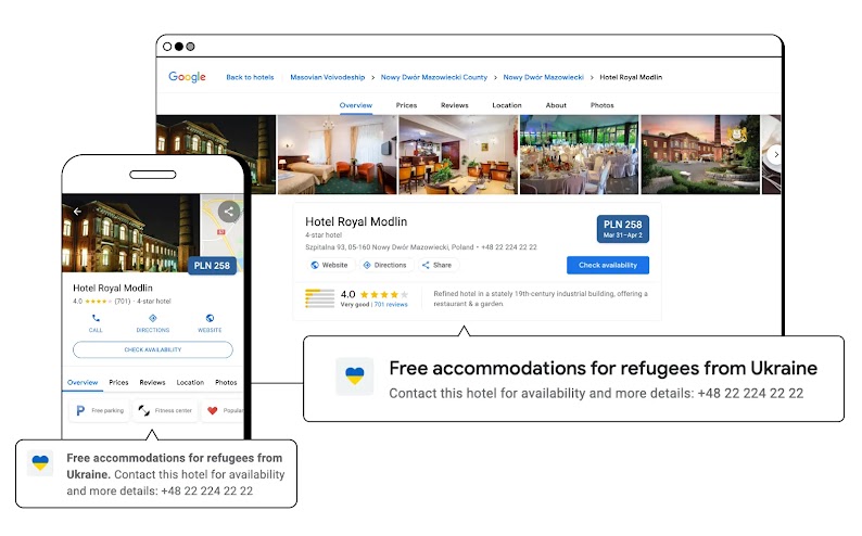 Una schermata che mostra il profilo dell'attività su Google di un hotel. L'hotel indica nel profilo che offre alloggio gratuito ai rifugiati ucraini