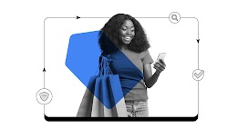 In black and white and inside a square frame, a dark-skinned woman smiles at her mobile phone, holding shopping bags in her other hand. A blue price tag overlays. On the frame, three icons: a shield, magnifying glass, and tick.