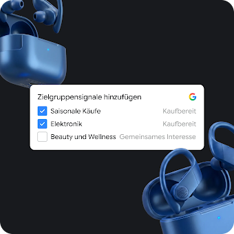 Ein Bild von blauen Kopfhörern, überlagert von zwei markierten Tags für Zielgruppensignale: „Saisonale Käufe“ und „Elektronik“ sowie einem nicht markierten Zielgruppensignal „Beauty und Wellness“.