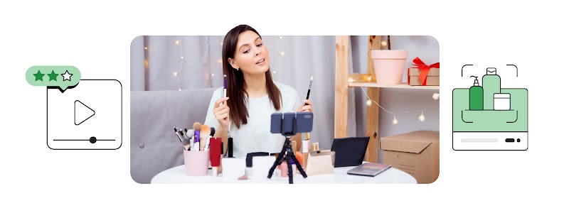 Une photo d’une femme entrain de se filmer sur son canapé avec différents produits de beauté dans les mains est encadrée de deux icônes. A gauche l’icône d’un player YouTube, à droite une icône représentant une fiche produit.