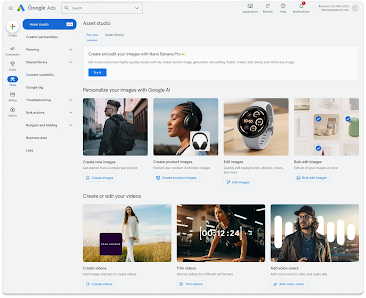 The UI of Asset Studio including a promotional banner for Nano Banana Pro, the new AI-powered image generation model now available in Google Ads.