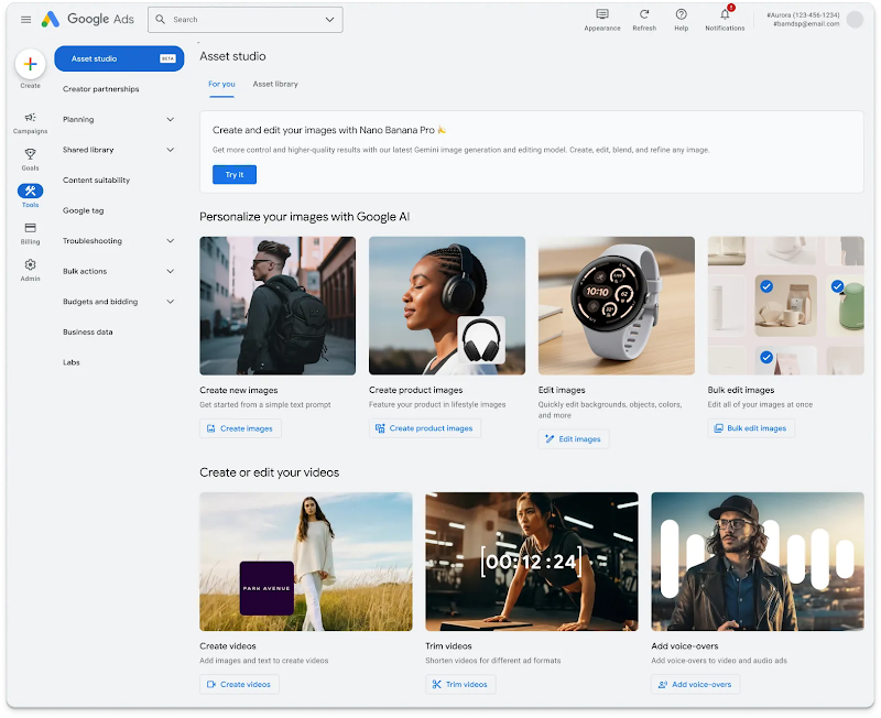 The UI of Asset Studio including a promotional banner for Nano Banana Pro, the new AI-powered image generation model now available in Google Ads.