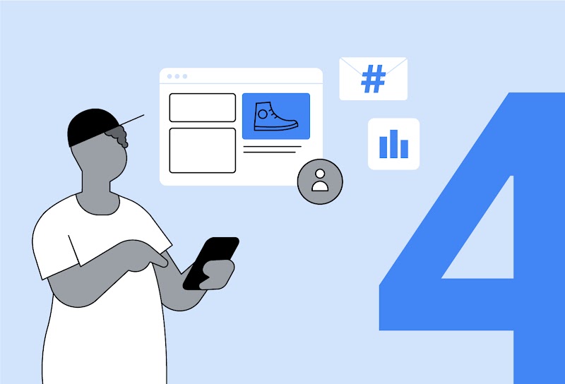 Das Bild zeigt einen Mann, der auf sein Smartphone schaut. Darüber sind Icons zu sehen, die die Aktivierung von Enhanced Conversions zeigt. Rechts im Bild steht eine große 4.