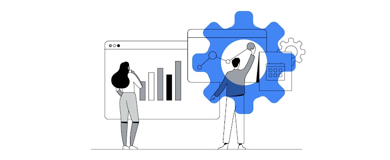 Une femme de couleur examine un graphique à barres, tandis qu'un homme blanc ajuste un graphique de croissance.