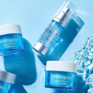 Wybór produktów Neutrogena na niebieskim tle w liście.