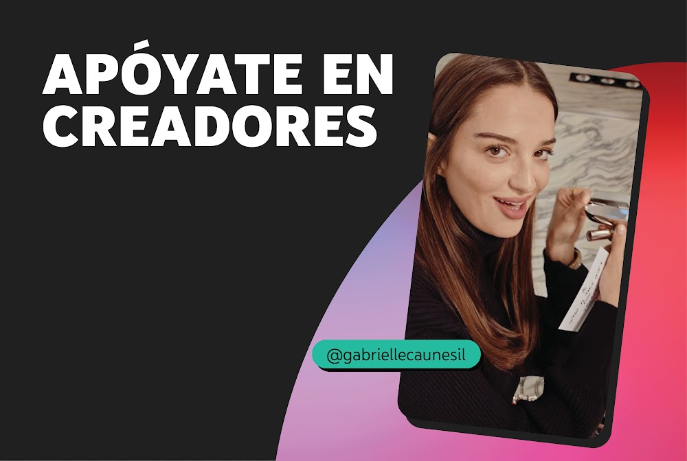 Imagen estática de un vídeo vertical que muestra a la influencer de moda Gabrielle Caunesil Pozzoli hablando a la cámara junto a la frase en mayúsculas "Apóyate en creadores" y su identificador de YouTube, @gabriellecaunesil.