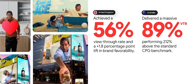 Four screenshots from creator-led Nescafé videos appear next to stats showing a 56% view-through rate in the U.K., and 89% VTR in Australia.