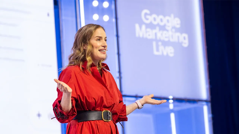 Debbie Weinstein, president of Google Europe, Middle East, and Africa (EMEA), smiles on stage at Google Marketing Live.
