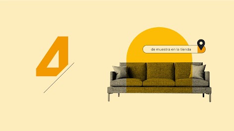 Flotando sobre un sofá, aparece el término de búsqueda “de muestra en la tienda” junto a un marcador de ubicación.