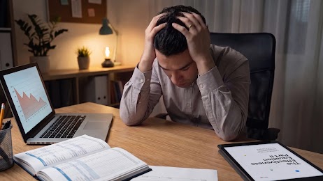 Un uomo seduto a una scrivania con le mani tra i capelli, con un'espressione frustrata. Davanti a lui un laptop che mostra un grafico, un diario aperto e un tablet aperto sulla copertina del report "The Effectiveness Equation Part II".