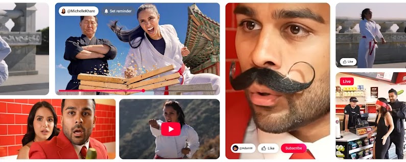 Eine Galerie von Standbildern aus YouTube-Videos mit Michelle Khare und Adam W. Khare ist in einem Karate-Anzug zu sehen, während sie einen Stapel Bretter durchschlägt. Adam W trägt einen roten Anzug mit Krawatte und einen extravaganten Zwirbelbart.