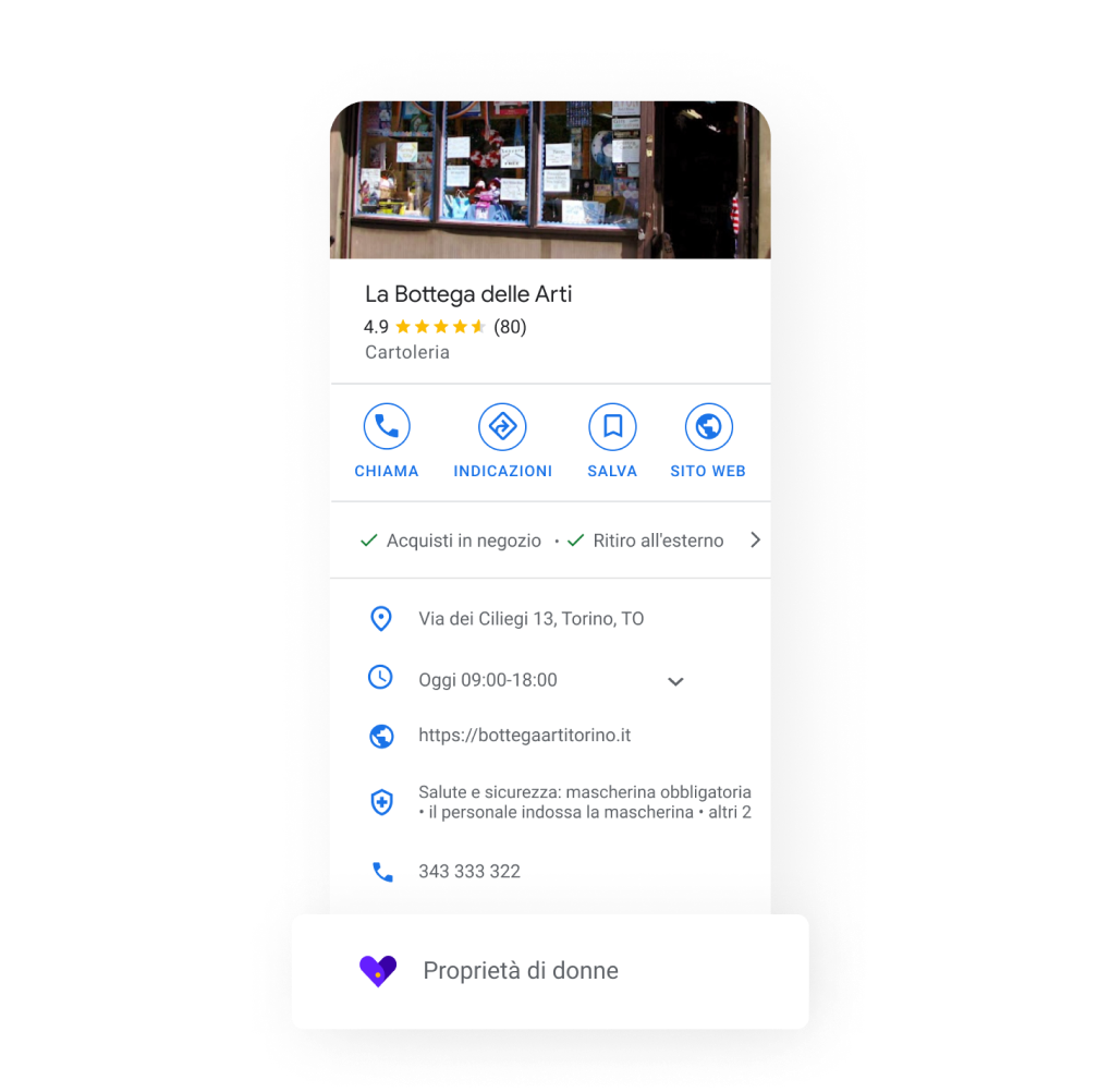 Immagine del profilo di un'attività che mette in risalto alcuni attributi aggiunti, ad esempio gestita da donne, di proprietari neri, gestita da veterani e LGBTQ friendly.