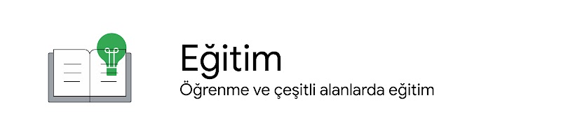 Açık bir kitabın üzerindeki bir ampul görselinin yanında şu yazıyor "Eğitim, Öğrenme ve çeşitli alanlarda eğitim