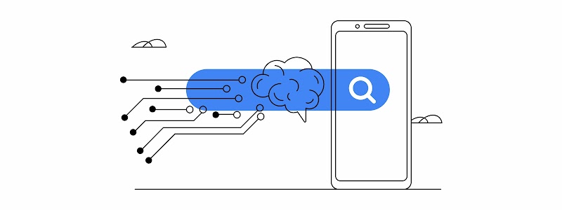 Varios puntos interconectados junto a una nube blanca. A la derecha, la pantalla de un dispositivo móvil y, sobre ambos, una barra de buscador.