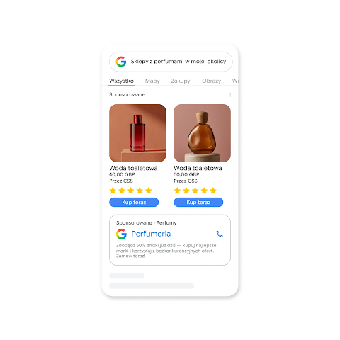 Ekran wyszukiwania Google na telefonie komórkowym z zapytaniem: „Sklepy z perfumami w pobliżu" – w wynikach widać reklamy perfum z ich nazwami, cenami i 5 gwiazdkami oraz kartę z numerem telefonu do sklepu z perfumami.