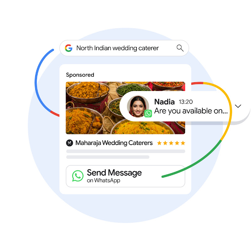 An example of a North Indian wedding caterer ad on Google Search with a button to send a message on WhatsApp