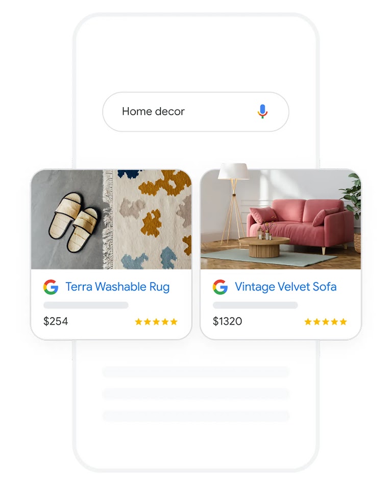 A search query for “home decor” and two relevant furniture Shopping Ads in Google Search results.