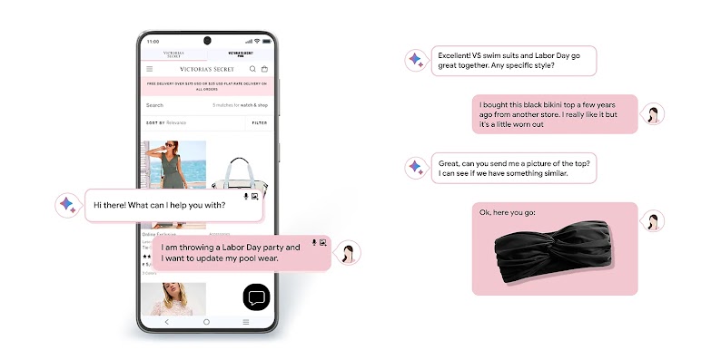 A user interacts with Victoria’s Secret custom chat bot, asking for recommendations for a Labor Day pool party. The bot responds with questions about the user’s style and prompts the user to send a photo. The user uploads a photo of a black bikini top.