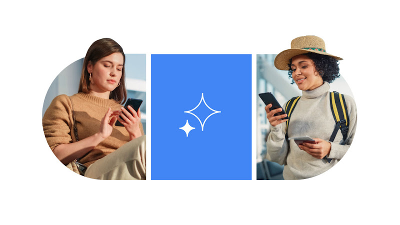 Two women, one to the left, and another to the right, are using mobile phones. The woman on the right is wearing a backpack and a hat. In between them, against a blue background, two Gemini icons, one transparent, and the other, smaller, white.