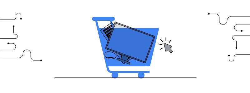 Un carrito de comprar en color azul tiene en su interior un televisor grande, un mouse y un teclado de computadora.