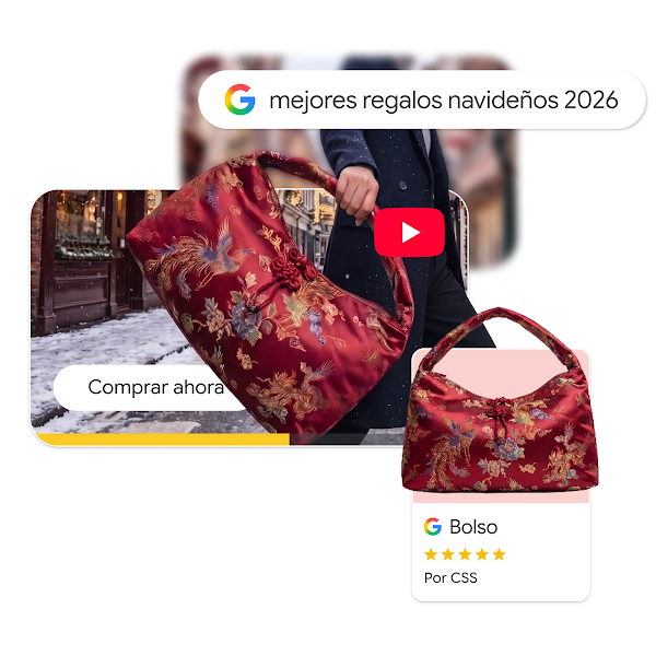 Un collage digital que ilustra un recorrido de compras navideñas para un bolso rojo bordado, con una barra de búsqueda de Google para "Mejores regalos de navidad 2026", un fragmento de video de YouTube con un botón de "Comprar ahora" y una ficha de producto de Google Shopping con 5 estrellas.