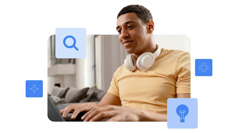 Homem usando o computador, com ícones que remetem a criatividade, busca, inteligência e o Gemini.